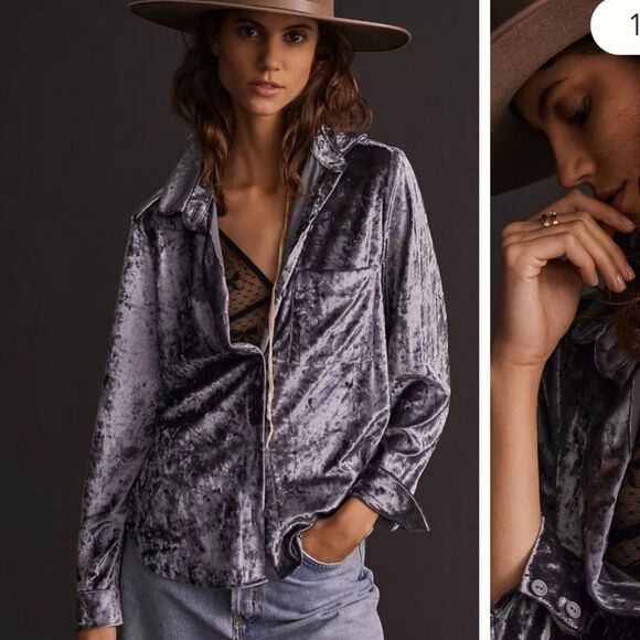 blouse NWT Anthropologie Amadi Velvet Buttondown Top Shirt Crushed Velvet Gray - Picture 1 of 12